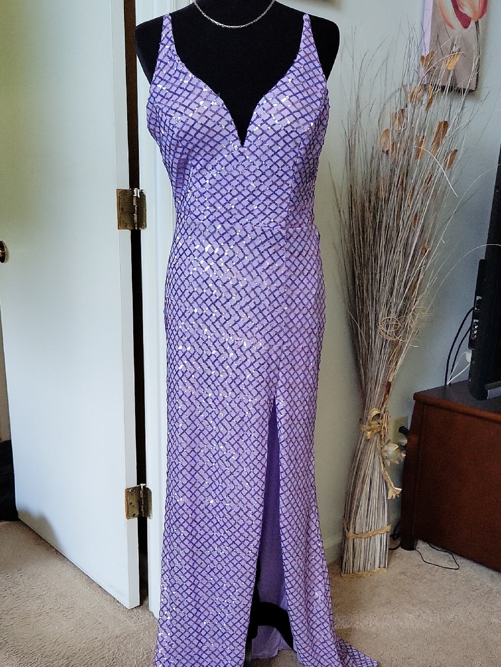 B Darlin Lavender Sequin Maxi Dress with Front Slit